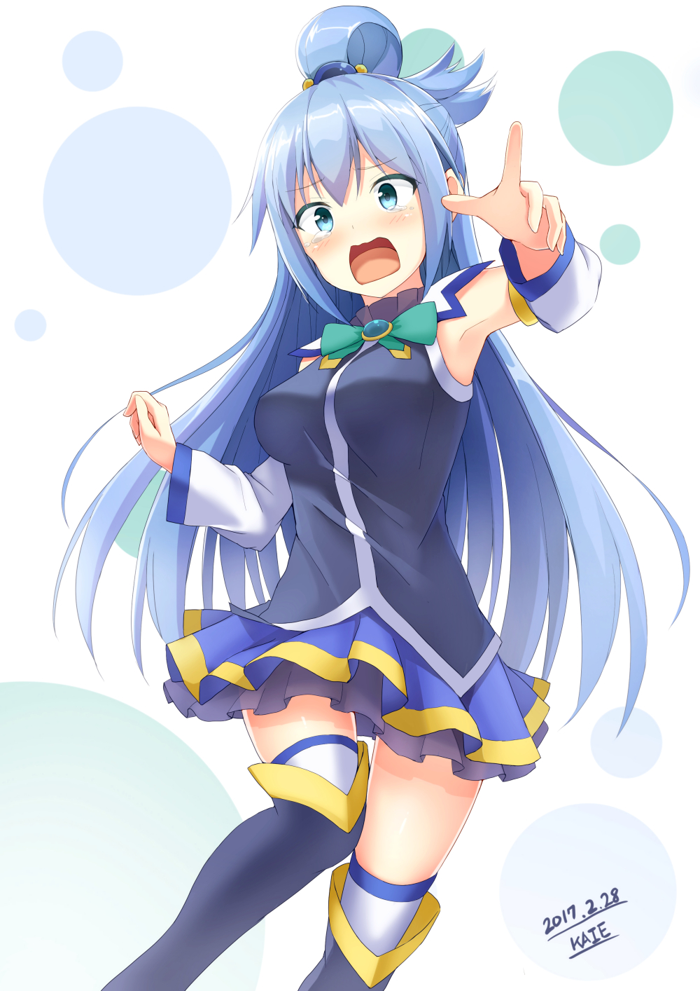 1girl aqua_(konosuba) armpits black_shirt blue_boots blue_eyes blue_hair blue_skirt boots detached_sleeve eyebrows_visible_through_hair hair_between_eyes highres index_finger_raised kaieee kono_subarashii_sekai_ni_shukufuku_wo! layered_skirt long_hair looking_at_viewer miniskirt open_mouth shirt skirt sleeveless sleeveless_shirt solo thigh-highs thigh_boots very_long_hair white_legwear