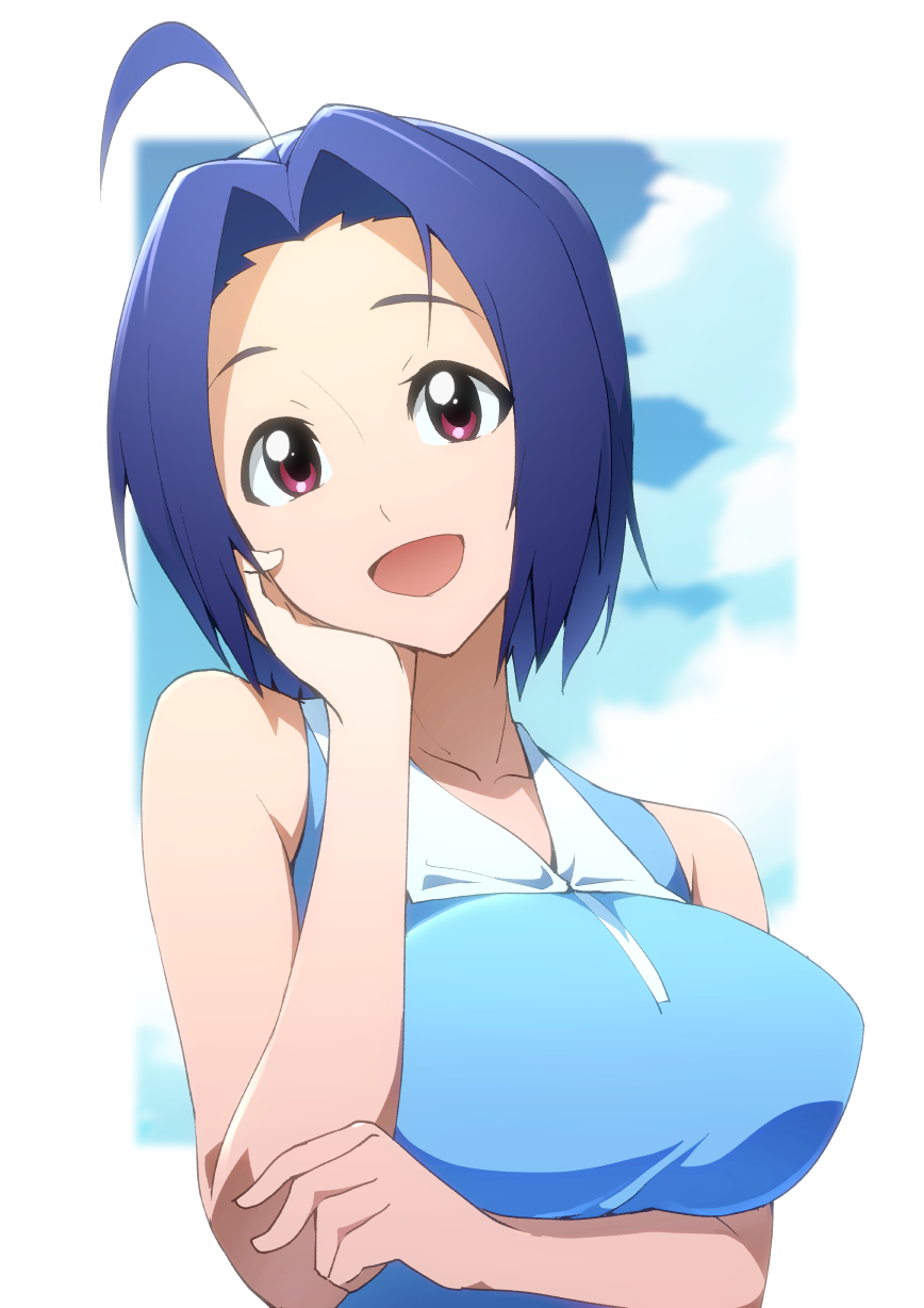 1girl :d ahoge blue_hair breasts hand_on_own_cheek highres idolmaster l_(laine) large_breasts looking_at_viewer miura_azusa open_mouth short_hair smile solo upper_body violet_eyes