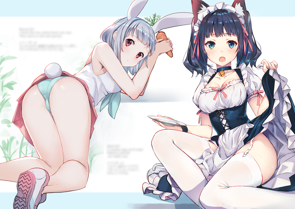 2girls animal_ears apron ass bangs blue_hair blush carrot cat_ears closed_mouth corset eyebrows_visible_through_hair food frilled_apron frills garter_straps green_eyes green_panties holding holding_food holding_plate kneepits long_hair looking_at_viewer looking_back maid maid_headdress multiple_girls open_mouth original panties plate rabbit_ears red_eyes sample shiny shiny_hair shoes short_hair silver_hair skirt skirt_lift sneakers thigh-highs thighs twintails underwear waist_apron weee_(raemz) white_legwear