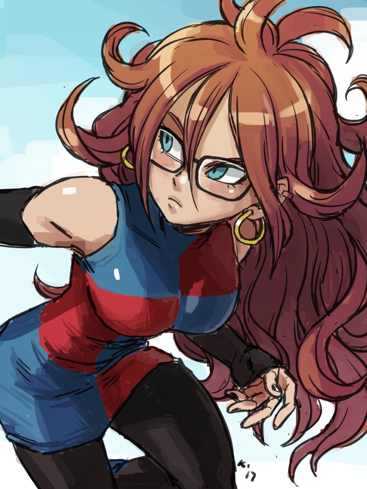 1girl android_21 blue_eyes breasts brown_hair commentary dragon_ball dragon_ball_fighterz earrings glasses jewelry long_hair mariel_cartwright