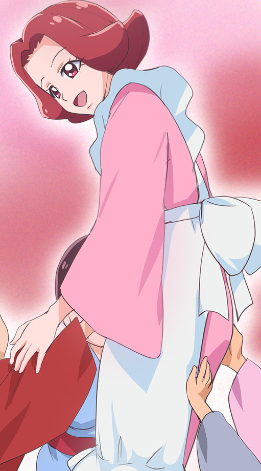 1girl :d haruyama_kazunori kirakira_precure_a_la_mode long_sleeves looking_at_another looking_down lumiere_(precure) open_mouth pink_background pink_eyes pink_hair precure short_hair smile solo_focus wide_sleeves