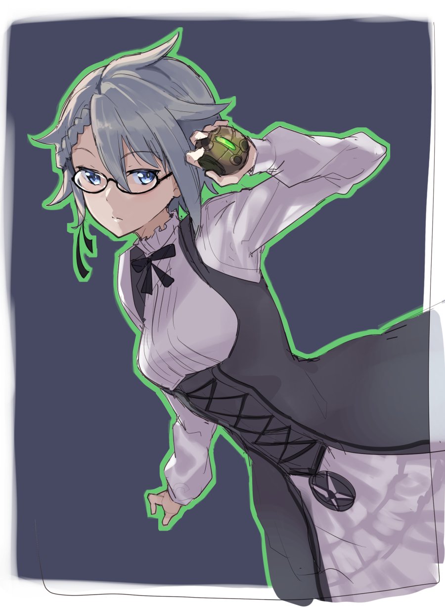 1girl ange_(princess_principal) black_ribbon blue_eyes braid cavorite_ball corset frown glasses green_outline grey_background highres holding long_sleeves looking_at_viewer princess_principal regu ribbon short_hair silver_hair solo