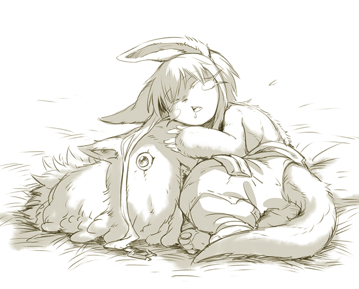 1girl animal_ears barefoot closed_eyes cr72 creature drooling eyebrows_visible_through_hair full_body furry hand_on_another's_head lying made_in_abyss mitty_(made_in_abyss) monochrome nanachi_(made_in_abyss) on_side open_mouth pants saliva sleeping tail topless