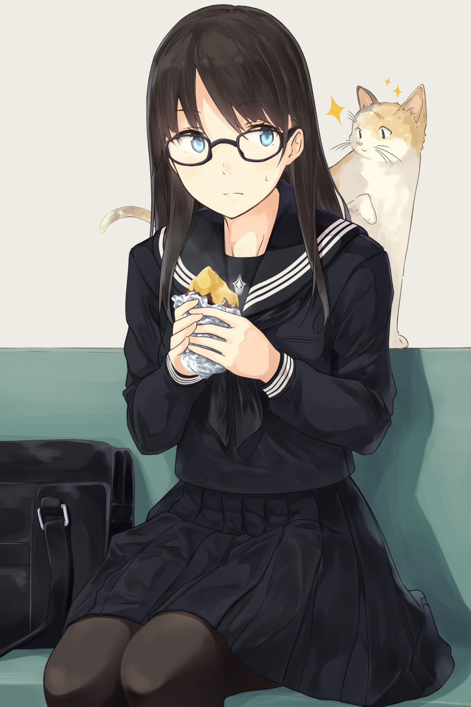 1girl bag bangs black-framed_eyewear black_hair black_legwear black_serafuku blue_eyes blush cat closed_mouth eyebrows_visible_through_hair food glasses highres hiwatari_rin holding holding_food indoors legs_together long_hair long_sleeves looking_at_another original pantyhose school_bag school_uniform serafuku shadow sitting solo sparkle sweet_potato yakiimo