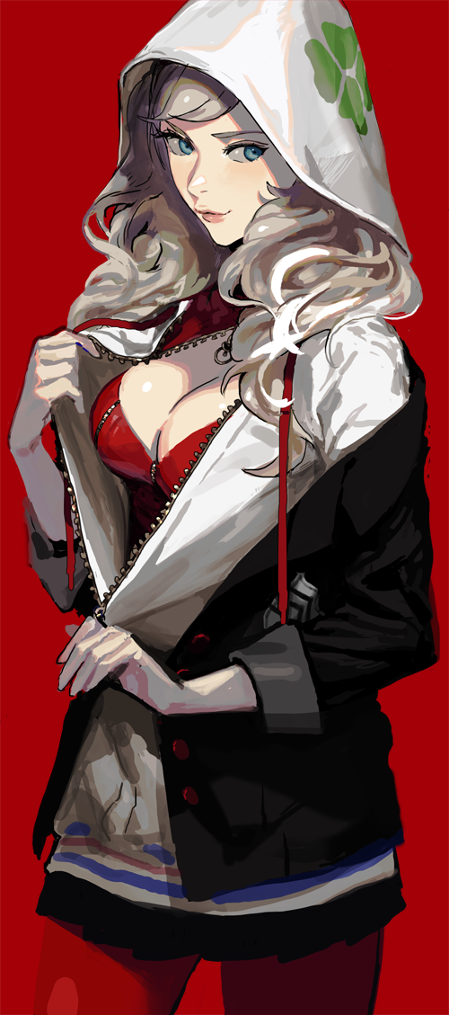 1girl bangs blonde_hair blue_eyes breasts cleavage closed_mouth clover four-leaf_clover gloves hood hood_up hoodie large_breasts long_hair looking_at_viewer looking_to_the_side persona persona_5 red_background rr_(suisse200) simple_background smile solo swept_bangs takamaki_anne twintails