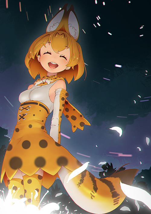 1g 1girl :d ^_^ animal_ears arms_behind_back blush bow bowtie breasts closed_eyes commentary_request elbow_gloves eyebrows_visible_through_hair flower from_below from_side gloves glowing glowing_flower high-waist_skirt kemono_friends medium_breasts night open_mouth outdoors serval_(kemono_friends) serval_ears serval_print serval_tail shirt skirt sleeveless sleeveless_shirt smile solo standing star_trail striped_tail tail thigh-highs white_shirt