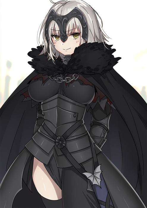 &gt;:) 1girl ahoge armor armored_dress bangs black_legwear blurry breasts cape capelet chains closed_mouth cowboy_shot depth_of_field fate/grand_order fate_(series) faulds fur_trim gauntlets headpiece jeanne_alter kuritomo large_breasts looking_at_viewer ruler_(fate/apocrypha) short_hair silver_hair solo thigh-highs yellow_eyes