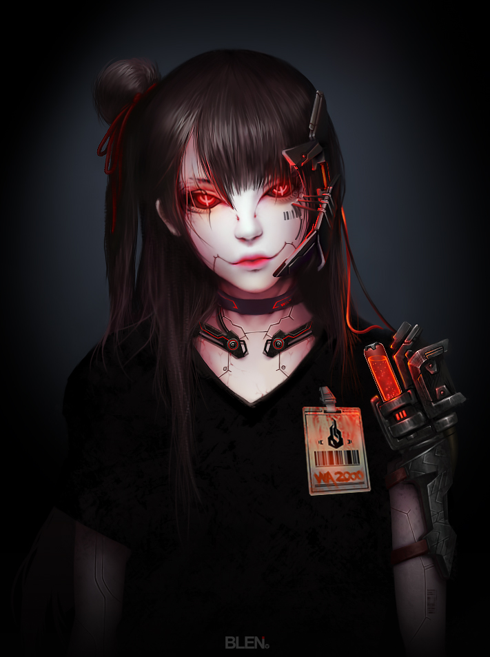 1girl arms_at_sides artist_name badge barcode black_background black_shirt blenez9 brown_hair character_name closed_mouth commentary_request girls_frontline hair_bun head_tilt long_hair looking_at_viewer realistic red_eyes shirt short_sleeves solo upper_body very_long_hair wa2000_(girls_frontline)