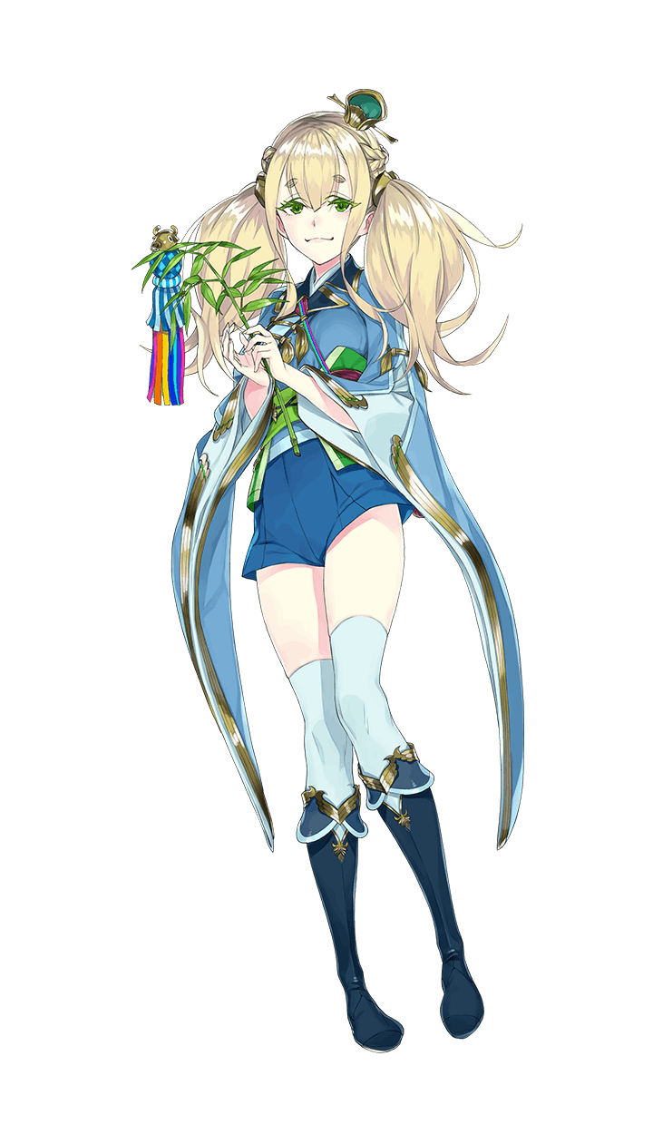 1girl bamboo blonde_hair blue_boots blue_pants boots crown fakepucco formation_girls full_body green_eyes highres isabelle_lancaster long_hair looking_at_viewer mini_crown official_art pants solo thigh-highs transparent_background twintails white_legwear
