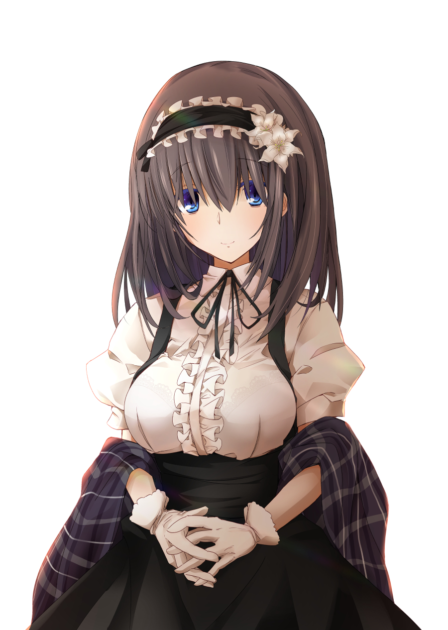 1girl bangs black_hair black_skirt blue_eyes blush bralines closed_mouth cowboy_shot eyebrows_visible_through_hair gloves hair_between_eyes hairband high-waist_skirt highres idolmaster idolmaster_cinderella_girls light_smile looking_at_viewer plaid puffy_short_sleeves puffy_sleeves rikudou_inuhiko sagisawa_fumika shawl short_sleeves sidelocks simple_background skirt smile solo suspender_skirt suspenders underbust white_background white_gloves