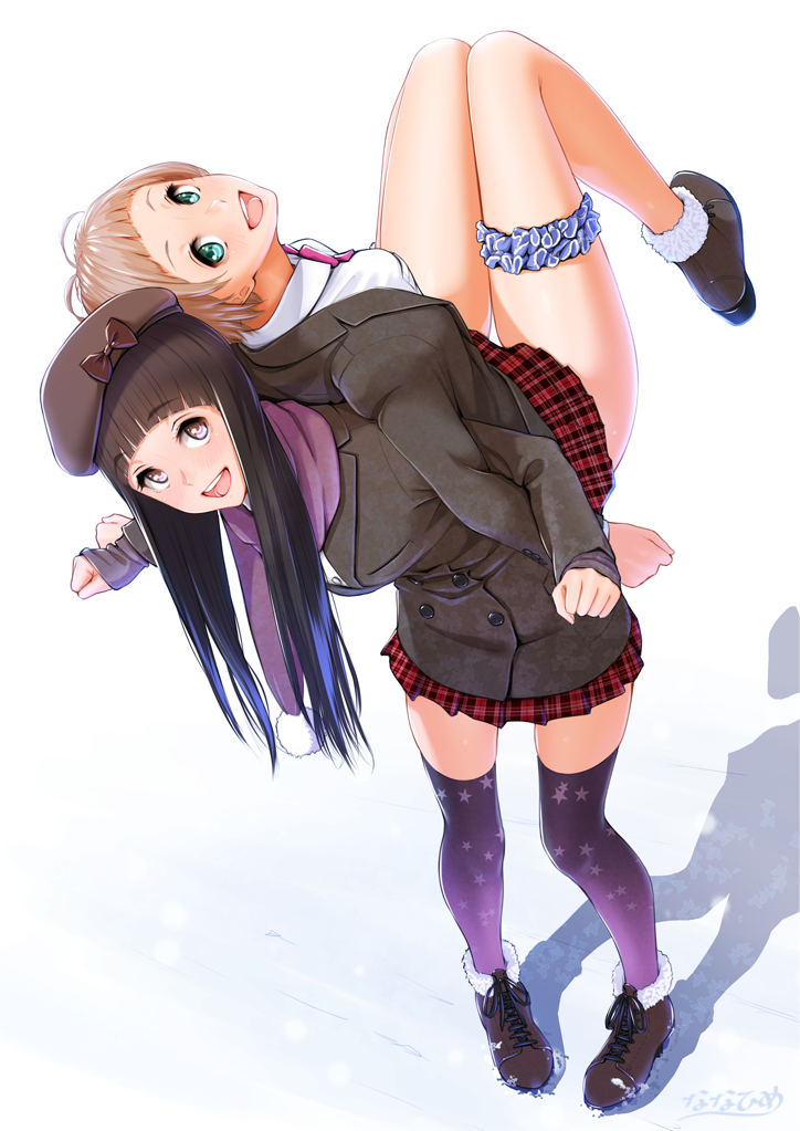 2girls :d aqua_eyes back-to-back bangs beret blazer blunt_bangs boots breasts brown_hair cross-laced_footwear eyebrows_visible_through_hair fur_trim hat jacket large_breasts leg_garter legs_up lifting_person locked_arms long_hair looking_back looking_up multiple_girls nanahime open_mouth original plaid plaid_skirt pleated_skirt print_legwear purple_legwear scarf school_uniform short_hair skirt sleeves_past_wrists small_breasts smile star star_print thigh-highs violet_eyes zettai_ryouiki