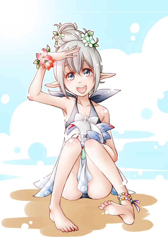 1girl beach ebi_puri_(ebi-ebi) fire_emblem fire_emblem_if flower grey_eyes grey_hair hair_bun hair_flower hair_ornament hand_on_own_head kanna_(fire_emblem_if) open_mouth pointy_ears school_swimsuit solo swimsuit wristband