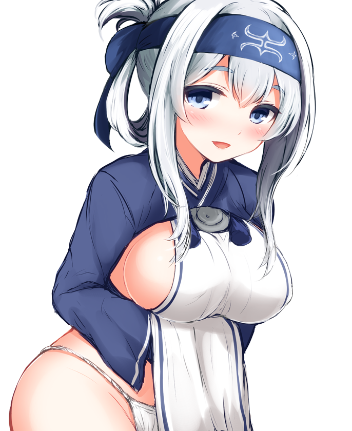 1girl :d ainu ainu_clothes blue_eyes blush breasts cropped_jacket don_(29219) dress folded_ponytail fundoshi headband japanese_clothes kamoi_(kantai_collection) kantai_collection large_breasts lifted_by_self long_hair long_sleeves looking_at_viewer open_mouth sidelocks simple_background skirt skirt_lift sleeveless sleeveless_dress smile solo thick_eyebrows white_dress white_hair