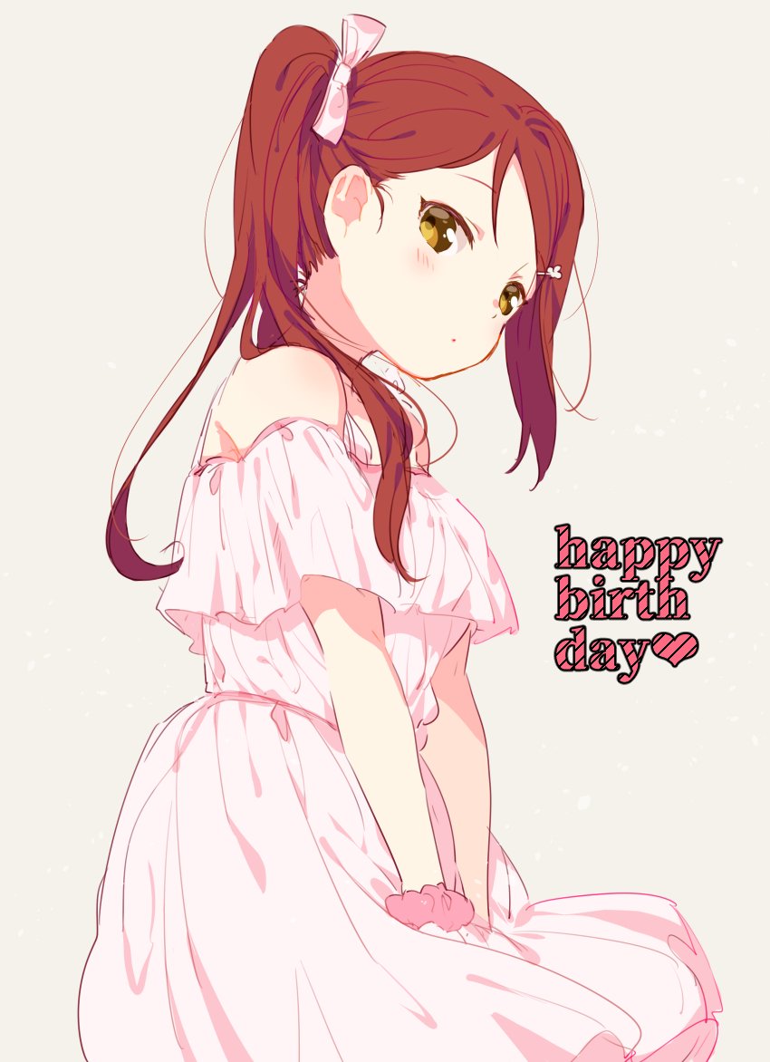 1girl alternate_hairstyle beige_background bow dress hair_bow hair_ornament hairpin hands_on_lap happy_birthday looking_at_viewer love_live! love_live!_sunshine!! mofun off-shoulder_dress off_shoulder pink_bow pink_dress pink_scrunchie redhead sakurauchi_riko scrunchie side_ponytail simple_background solo wrist_scrunchie yellow_eyes