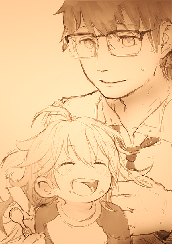 1boy 1girl amaama_to_inazuma black_hair blush closed_eyes father_and_daughter feral_lemma glasses greyscale happy inuzuka_kouhei inuzuka_tsumugi long_hair looking_at_another monochrome necktie open_mouth sepia short_hair simple_background smile spoon