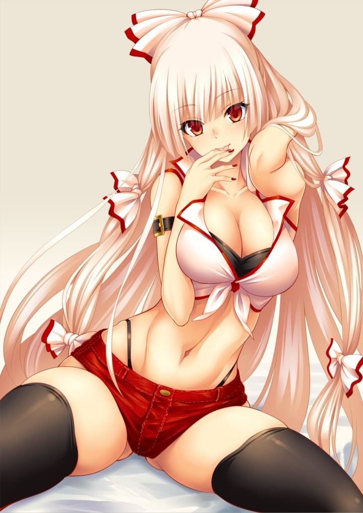 1girl arm_behind_head bangs bare_arms black_legwear black_panties bow breasts cleavage eyebrows_visible_through_hair fujiwara_no_mokou hair_bow highleg highleg_panties hijikawa_arashi large_breasts long_hair looking_at_viewer navel panties red_eyes red_shorts short_shorts shorts silver_hair sitting skindentation solo stomach thigh-highs touhou underwear very_long_hair white_background white_bow