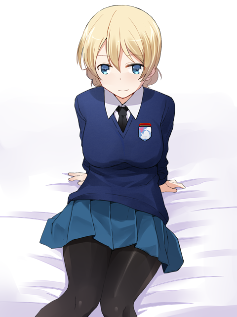 1girl arm_support bangs bed black_legwear black_necktie blonde_hair blue_eyes blue_skirt blue_sweater braid closed_mouth commentary_request darjeeling dress_shirt emblem eyebrows_visible_through_hair girls_und_panzer katatsuka_kouji leaning_back light_smile long_sleeves looking_at_viewer miniskirt necktie pantyhose pleated_skirt school_uniform shirt short_hair sitting skirt solo st._gloriana's_(emblem) st._gloriana's_school_uniform sweater tied_hair twin_braids v-neck white_shirt