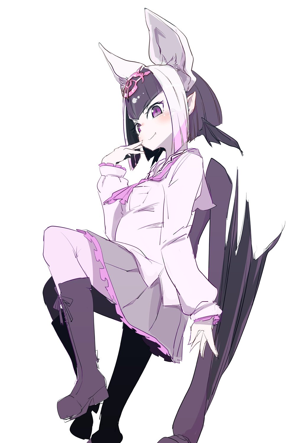 1girl alternate_color bangs bat_ears bat_girl bat_wings black_hair boots common_vampire_bat_(kemono_friends) fang hair_ornament head_wings highres kemono_friends long_sleeves multicolored_hair pointy_ears purple_shoes purple_skirt shirinda_(silinder) shoes short_hair sketch skirt smile solo two-tone_hair violet_eyes white_background wings