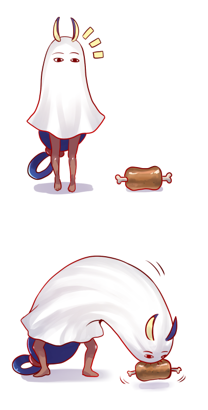&lt;o&gt;_&lt;o&gt; /\/\/\ absurdly_long_hair animal_ears barefoot blanket blue_hair boned_meat cosplay ears_through_headwear eating fate/grand_order fate_(series) food kaonashi long_hair looking_down low-tied_long_hair meat medjed medjed_(cosplay) motion_lines multiple_views nitocris_(fate/grand_order) parody rabbit_ears simple_background squatting standing tomoyohi very_long_hair walking white_background