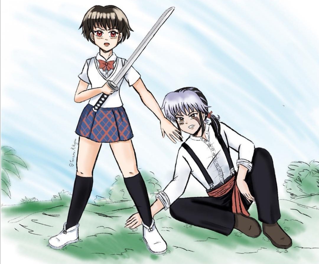 1boy 1girl black_and_white_hair brown_hair couple mao_(mao) mao_(takahashi_rumiko) nanoka_kiba sword