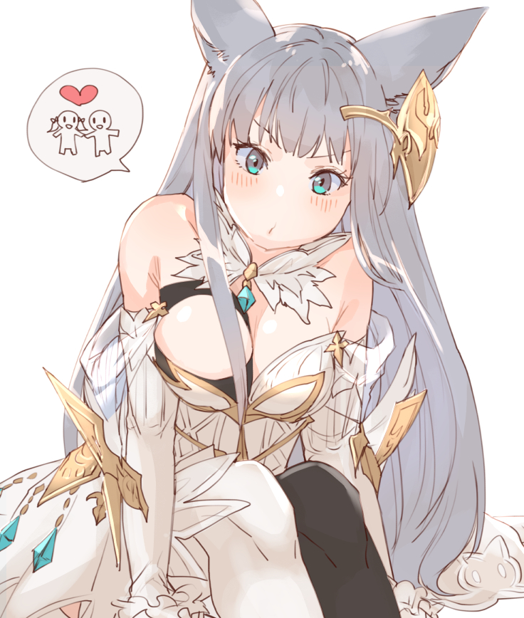 1girl animal_ears bare_shoulders black_legwear elbow_gloves erun_(granblue_fantasy) gloves granblue_fantasy hair_ornament heart korwa long_hair looking_at_viewer mismatched_legwear momose_sumomo silver_hair sitting solo speech_bubble spoken_heart thigh-highs white_legwear