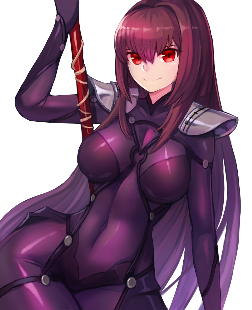 1girl armor bodysuit breasts breasts_apart covered_navel fate/grand_order fate_(series) gae_bolg hair_between_eyes highres long_hair looking_at_viewer medium_breasts pauldrons polearm purple_bodysuit red_eyes redhead scathach_(fate/grand_order) shoulder_armor simple_background smile solo sookmo spear very_long_hair weapon white_background