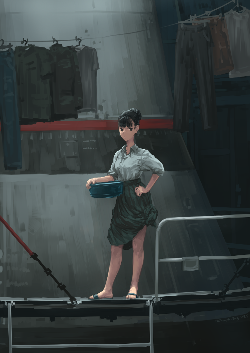 1girl bangs basket black_eyes black_hair blunt_bangs closed_mouth commentary_request green_skirt hair_bun hallelujah_zeng holding_basket laundry laundry_basket long_skirt looking_at_viewer military original pleated_skirt railing shirt skirt sleeves_rolled_up solo stairs standing tied_skirt white_shirt