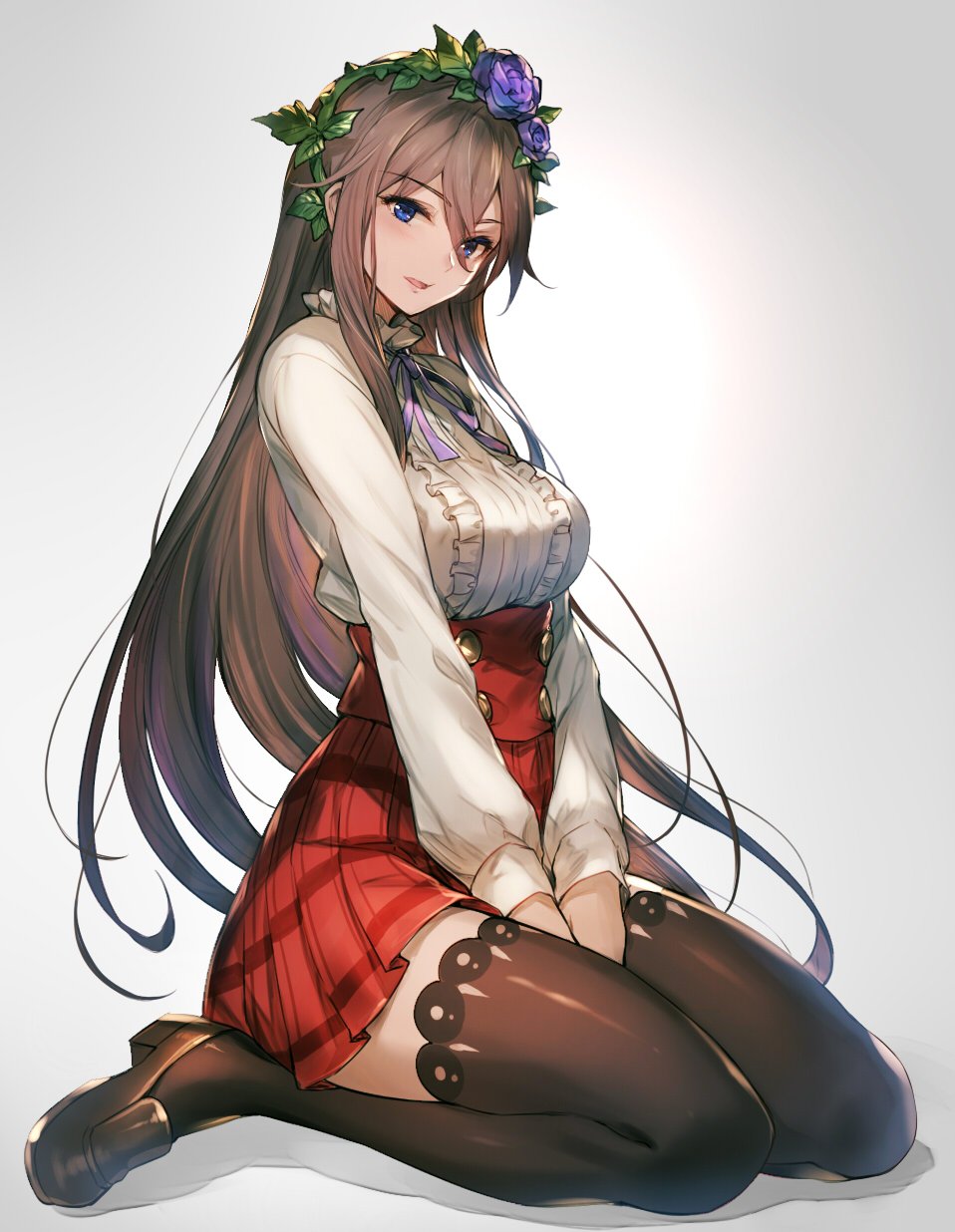 1girl between_legs black_legwear blue_eyes breasts brown_hair eyebrows_visible_through_hair flower frills full_body gradient gradient_background granblue_fantasy hair_between_eyes hair_flower hair_ornament hairband hand_between_legs high-waist_skirt highres kakage large_breasts loafers long_hair long_sleeves looking_at_viewer meme_attire open_mouth plaid plaid_skirt pleated_skirt ribbon rosetta_(granblue_fantasy) shoes sidelocks simple_background sitting skirt solo thigh-highs underbust very_long_hair virgin_killer_outfit wariza zettai_ryouiki