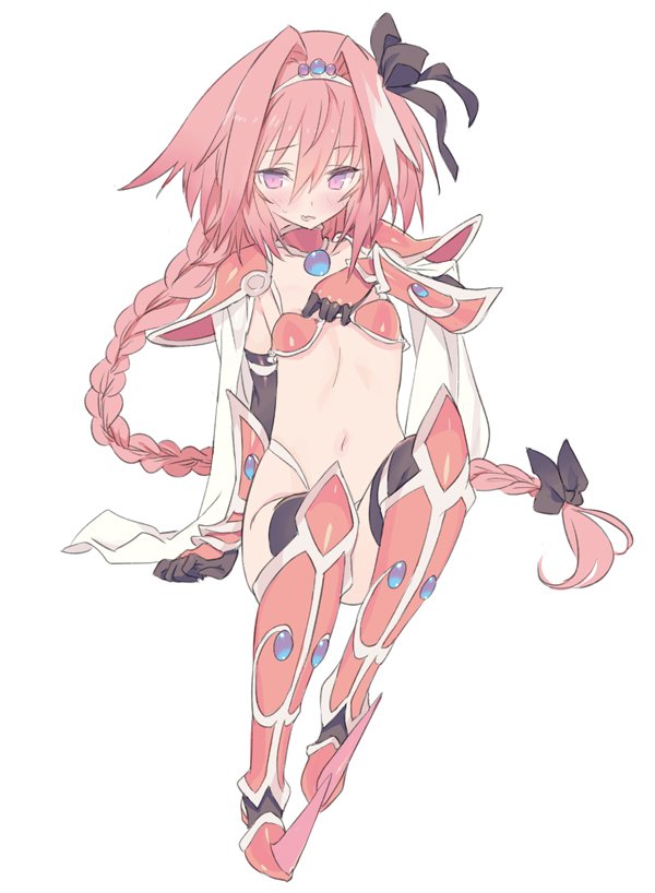 1boy armor bikini_armor black_bow black_legwear blade_(galaxist) blush bow braid cosplay elizabeth_bathory_(brave)_(fate) elizabeth_bathory_(brave)_(fate)_(cosplay) fate/grand_order fate_(series) gloves hair_intakes hair_ribbon lancer_(fate/extra_ccc) long_hair looking_at_viewer loose_bikini male_focus navel pauldrons pink_hair ribbon rider_of_black single_braid solo thigh-highs tiara trap violet_eyes