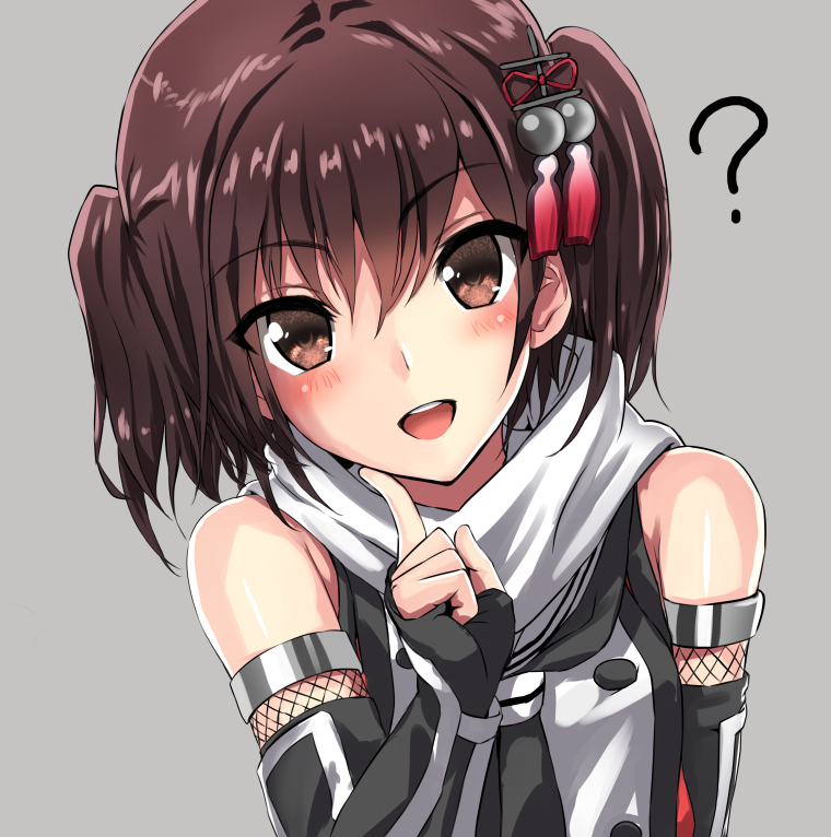 1girl :d ? bangs black_gloves black_neckerchief blush brown_eyes brown_hair double-breasted elbow_gloves eyebrows_visible_through_hair finger_to_cheek fingerless_gloves fishnets gloves grey_background hair_ornament hairpin head_tilt index_finger_raised kantai_collection looking_at_viewer neckerchief open_mouth remodel_(kantai_collection) round_teeth scarf school_uniform sendai_(kantai_collection) serafuku shiny shiny_skin short_hair short_twintails simple_background sleeveless smile solo tassel teeth tooi_aoiro twintails upper_body white_scarf