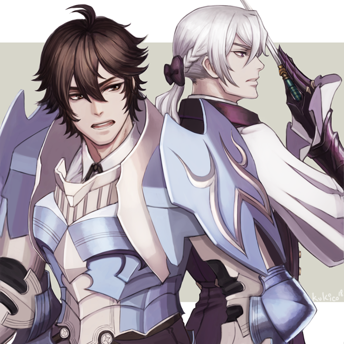 2boys armor back-to-back braiding_hair brown_hair butler fire_emblem fire_emblem:_kakusei fire_emblem_if frederik_(fire_emblem) gloves hairdressing holding holding_knife joker_(fire_emblem_if) knife kukimoki multiple_boys pauldrons poytail white_hair