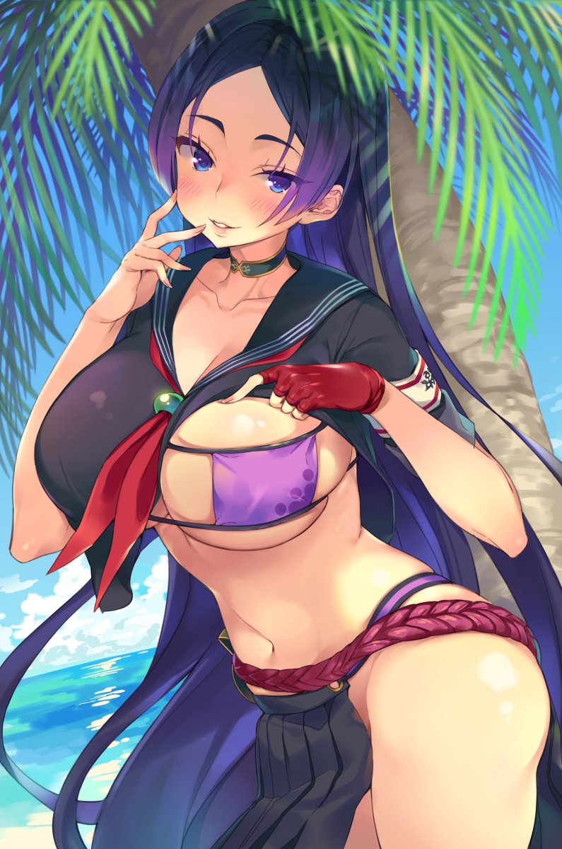 1girl armband bangs beach belt bikini black_skirt blue_eyes blue_hair blue_sky blush breasts choker cleavage clothes_lift clouds cowboy_shot day eyebrows fate/grand_order fate_(series) fingerless_gloves gloves hand_on_own_chest hand_up highres hym9594 large_breasts long_hair looking_at_viewer minamoto_no_raikou_(fate/grand_order) nail_polish navel neckerchief outdoors palm_tree parted_bangs parted_lips pleated_skirt purple_bikini red_gloves school_uniform serafuku short_sleeves skirt sky smile solo swimsuit tree very_long_hair water