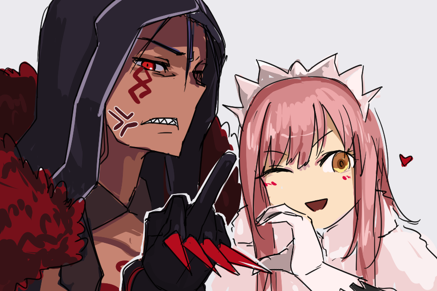 1boy 1girl anger_vein black_gloves blue_hair blush cu_chulainn_alter_(fate/grand_order) fate_(series) gloves grey_background heart heart_hands i-pan long_hair looking_at_viewer medb_(fate/grand_order) middle_finger no_nose pink_hair red_eyes scowl sharp_teeth spiked_knuckles tattoo teeth tiara white_gloves yellow_eyes