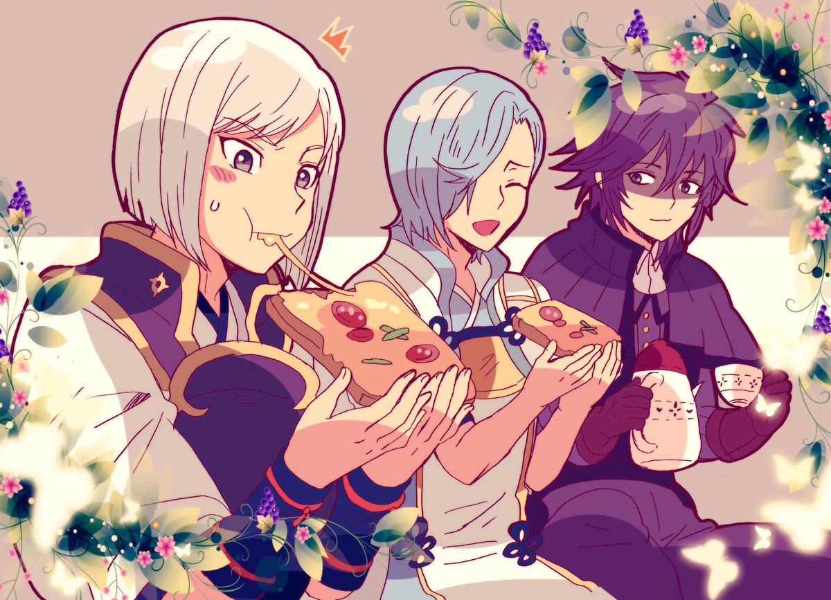 3boys black_hair blue_eyes blush cup deere_(fire_emblem_if) eating fire_emblem fire_emblem_if flower food gloves hair_over_one_eye hisame_(fire_emblem_if) leaf male_focus multiple_boys open_mouth shigure_(fire_emblem_if) sitting teacup teapot white_hair