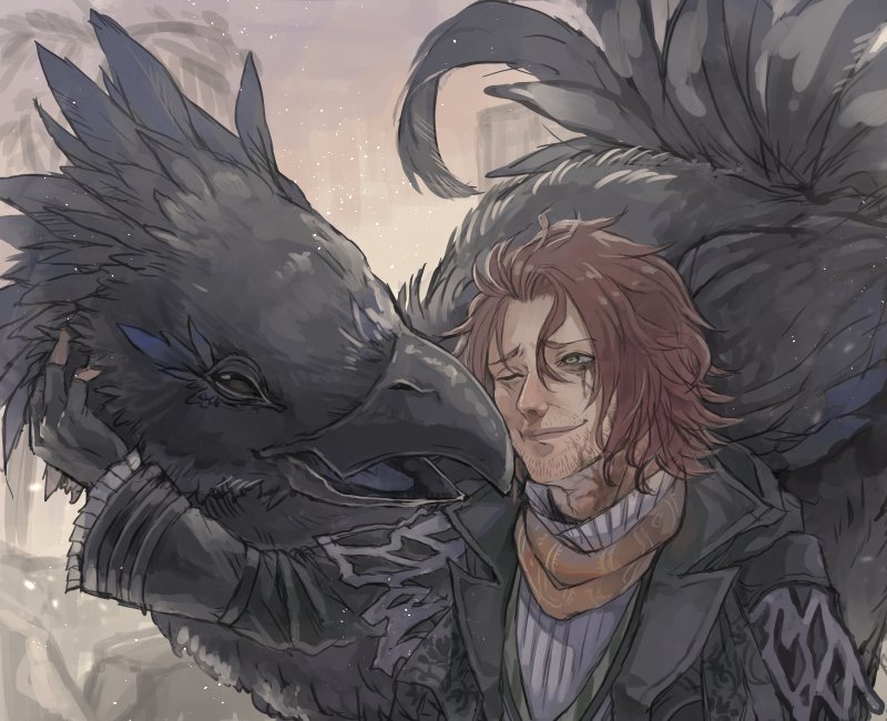 1boy ardyn_izunia black_clothes black_tears chocobo facial_hair final_fantasy final_fantasy_xv fingerless_gloves gloves male_focus redhead sakaki-no scarf solo stubble yellow_eyes