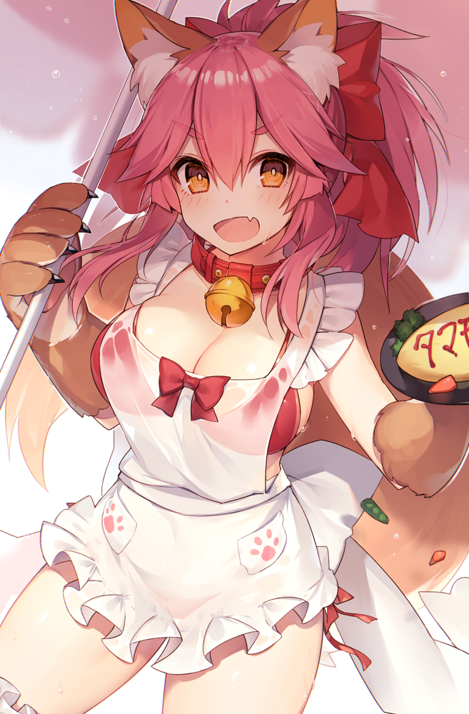 1girl animal_ears bell bell_collar bikini breasts cleavage collar fang fate/grand_order fate_(series) food fox_ears fox_tail hair_ribbon large_breasts long_hair looking_at_viewer muryotaro omurice open_mouth paws pink_hair ribbon see-through solo sweat swimsuit tail tamamo_(fate)_(all) tamamo_cat_(fate) yellow_eyes