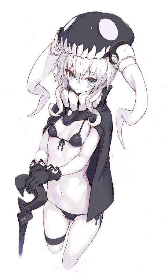 1girl artist_name bikini black_bikini black_gloves blue_eyes breasts cloak closed_mouth cropped_legs expressionless eyebrows_visible_through_hair front-tie_bikini front-tie_top gloves goekawa hair_between_eyes hat kantai_collection navel shinkaisei-kan simple_background sketch small_breasts solo swimsuit white_background white_hair white_skin wo-class_aircraft_carrier