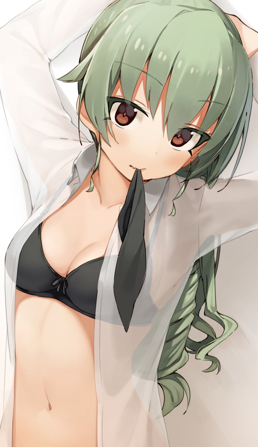 1girl arms_up black_bra blush bra breasts cleavage collared_shirt commentary_request eyebrows_visible_through_hair green_hair highres long_hair looking_at_viewer medium_breasts mouth_hold navel open_clothes open_shirt see-through seramikku shirt solo stomach underwear white_shirt wing_collar