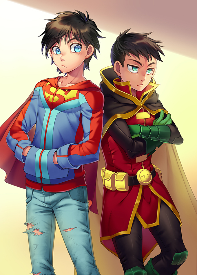 2boys belt black_hair blue_eyes cape cr72 crossed_arms damian_wayne dc_comics denim green_eyes hands_in_pants jeans jonathan_kent looking_at_another male_focus multiple_boys pants pouch ripped_jeans robin short_hair super_sons superboy