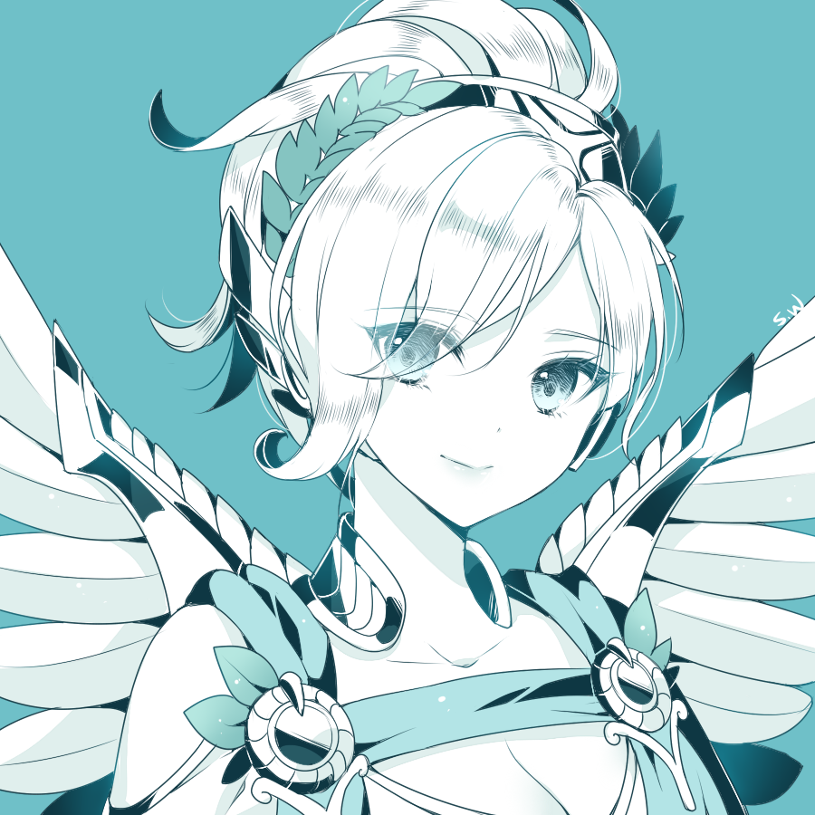 1girl alternate_costume artist_name atobesakunolove bangs blonde_hair blue blue_background blue_eyes breasts choker cleavage closed_mouth collarbone eyebrows_visible_through_hair eyes_visible_through_hair feathered_wings flat_color hair_between_eyes hair_over_one_eye head_tilt head_wreath headwear high_ponytail jewelry laurel_crown looking_at_viewer mechanical_wings medium_breasts medium_hair mercy_(overwatch) monochrome overwatch short_hair short_sleeves simple_background smile solo toga upper_body winged_victory_mercy wings