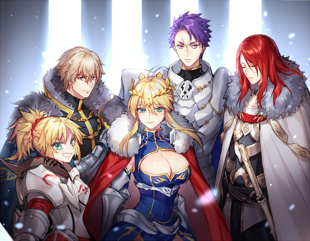 &gt;;d 2girls 3boys ;d aqua_eyes armor artoria_pendragon_(all) artoria_pendragon_(lancer) bangs blonde_hair blue_eyes blush breastplate breasts cape chains cleavage closed_eyes closed_mouth commentary_request crown eyebrows_visible_through_hair fate/apocrypha fate/grand_order fate_(series) fhalei fur_trim gawain_(fate/extra) grin lancelot_(fate/grand_order) large_breasts long_hair looking_at_viewer multiple_boys multiple_girls one_eye_closed open_mouth pauldrons ponytail red_cape red_eyes saber_of_red scrunchie smile standing sword tristan_(fate/grand_order) violet_eyes weapon