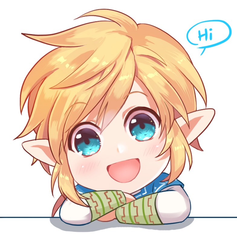 1boy :d asymmetrical_bangs bangs blonde_hair blue_eyes chibi commentary_request crossed_arms english eyebrows_visible_through_hair green_shirt link long_sleeves looking_at_viewer male_focus open_mouth pointy_ears shangguan_feiying shirt simple_background smile solo speech_bubble the_legend_of_zelda white_background