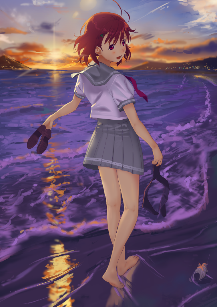 orange_hair red_eyes short_hair takami_chika water