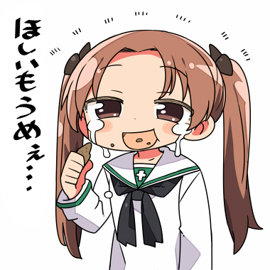 1girl aho_girl black_ribbon brown_eyes brown_hair eating girls_und_panzer hair_ribbon kadotani_anzu kanikama long_hair long_sleeves lowres open_mouth ribbon school_uniform serafuku simple_background solo tears translated twintails white_background