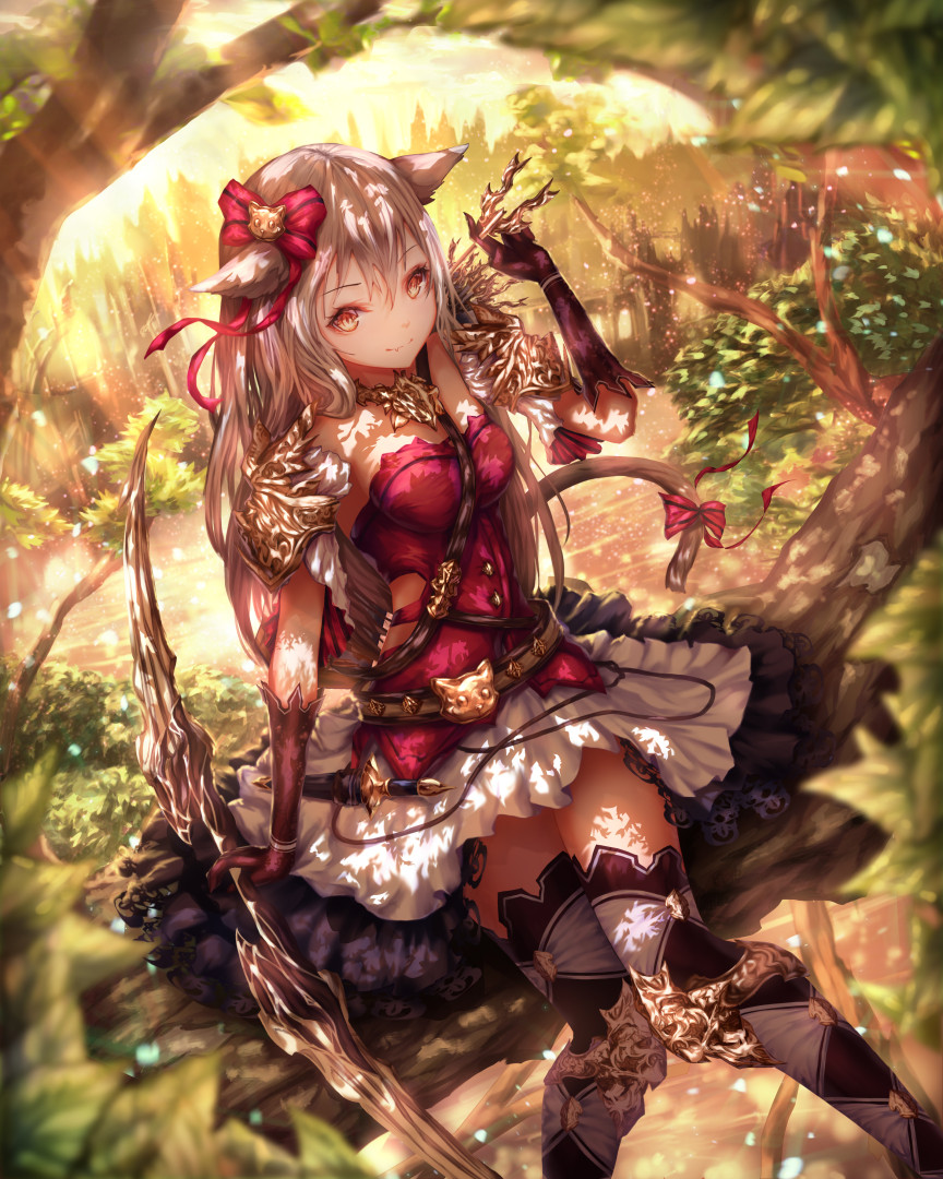 1girl animal_ears arm_support arm_up armor arrow bare_shoulders belt bow bow_(weapon) day dress elbow_gloves frilled_skirt frills from_above gloves h2o_(dfo) hair_bow hair_ornament holding jewelry knee_pads long_hair looking_at_viewer nature necklace original outdoors shadow shoulder_armor sitting skirt smile strapless strapless_dress sword tail thigh-highs thighhighs weapon white_hair white_skirt yellow_eyes zettai_ryouiki