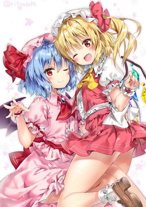 2girls ;) ;d ascot bangs bat_wings black_wings blonde_hair blue_hair blush bow brooch brown_eyes brown_shoes eyebrows_visible_through_hair flandre_scarlet frills hat hat_bow jewelry loafers looking_at_viewer mob_cap multiple_girls one_eye_closed open_mouth pink_hat pink_skirt pleated_skirt puffy_short_sleeves puffy_sleeves red_bow red_skirt remilia_scarlet riichu shoes short_hair short_sleeves side_ponytail skirt skirt_set smile socks star touhou twitter_username white_background white_hat white_legwear wings