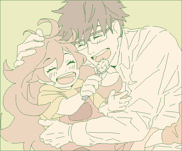 1boy 1girl amaama_to_inazuma black_hair blonde_hair blush closed_eyes father_and_daughter green_background hand_on_another's_head hug inuzuka_kouhei inuzuka_tsumugi kai_(dweep) long_hair long_sleeves open_mouth rice shirt short_hair simple_background smile spoon white_shirt