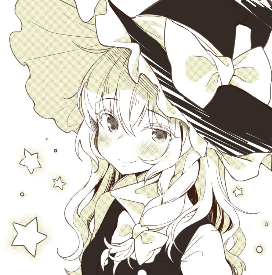 1girl bangs blush bow braid closed_mouth eyebrows_visible_through_hair fang_out greyscale hair_between_eyes hair_bow hat hat_bow hym9594 kirisame_marisa long_hair looking_at_viewer monochrome side_braid single_braid smile solo star touhou upper_body white_background witch_hat