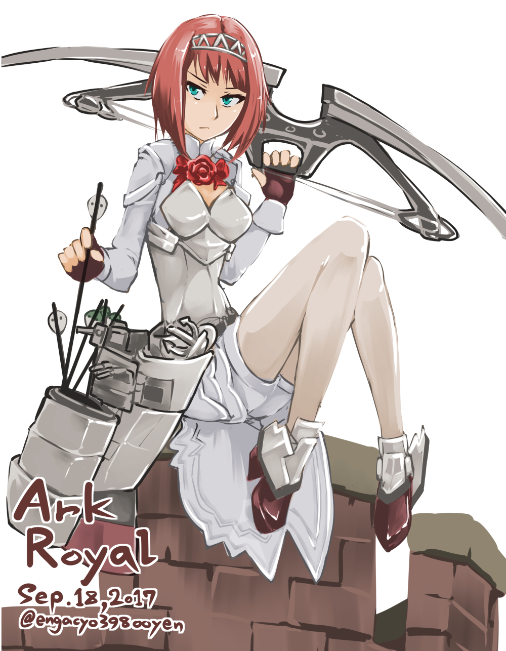 1girl 2017 ark_royal_(kantai_collection) arrow blue_eyes bob_cut bow_(weapon) breasts castle character_name cleavage_cutout compound_bow dated engacyo_(engacyo39800yen) fingerless_gloves gloves hairband highres kantai_collection long_sleeves pantyhose quiver red_ribbon redhead ribbon short_hair shorts sitting small_breasts solo tiara twitter_username weapon white_legwear white_shorts