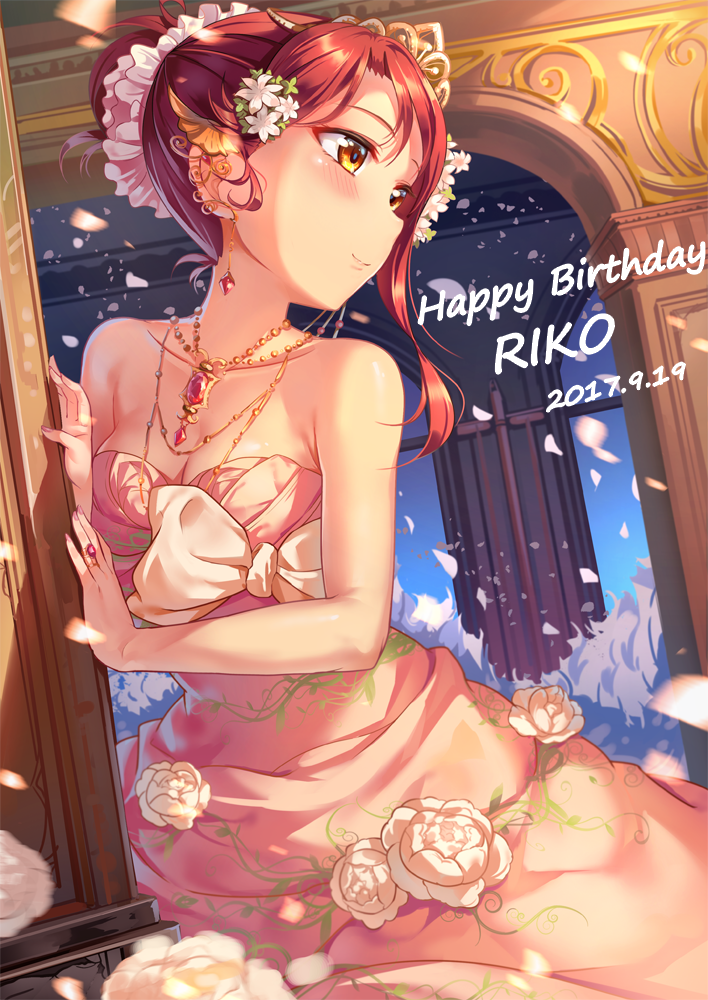 1girl blush breasts character_name cleavage commentary dated dress earrings flower hair_bun hair_flower hair_ornament hair_up happy_birthday jewelry love_live! love_live!_sunshine!! miazi necklace orange_eyes petals redhead ring sakurauchi_riko smile solo strapless strapless_dress tiara wedding_dress